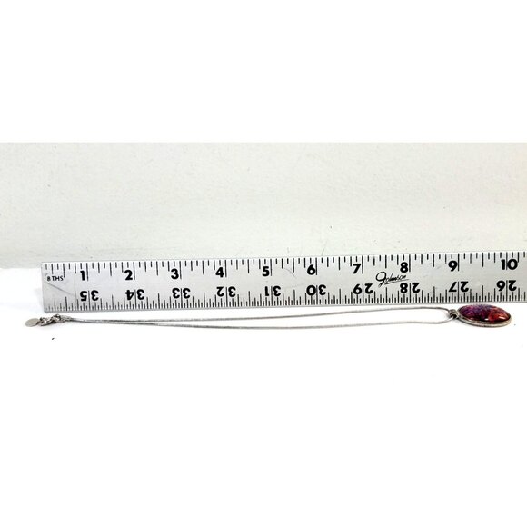 Faux Opal Confetti Oval Pendant Necklace Iridescent Silver-toned Chain Vintage - Picture 4 of 6